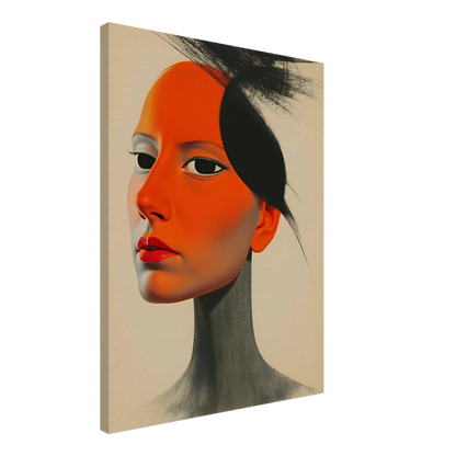 A surreal portrait of a woman with vivid orange skin and intense gaze, blending soft realism with bold graphic contrasts.