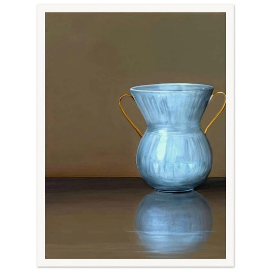 A serene still life of a blue vase with golden handles, reflecting on a smooth surface, set against a warm brown backdrop, showcasing simplicity and elegance.