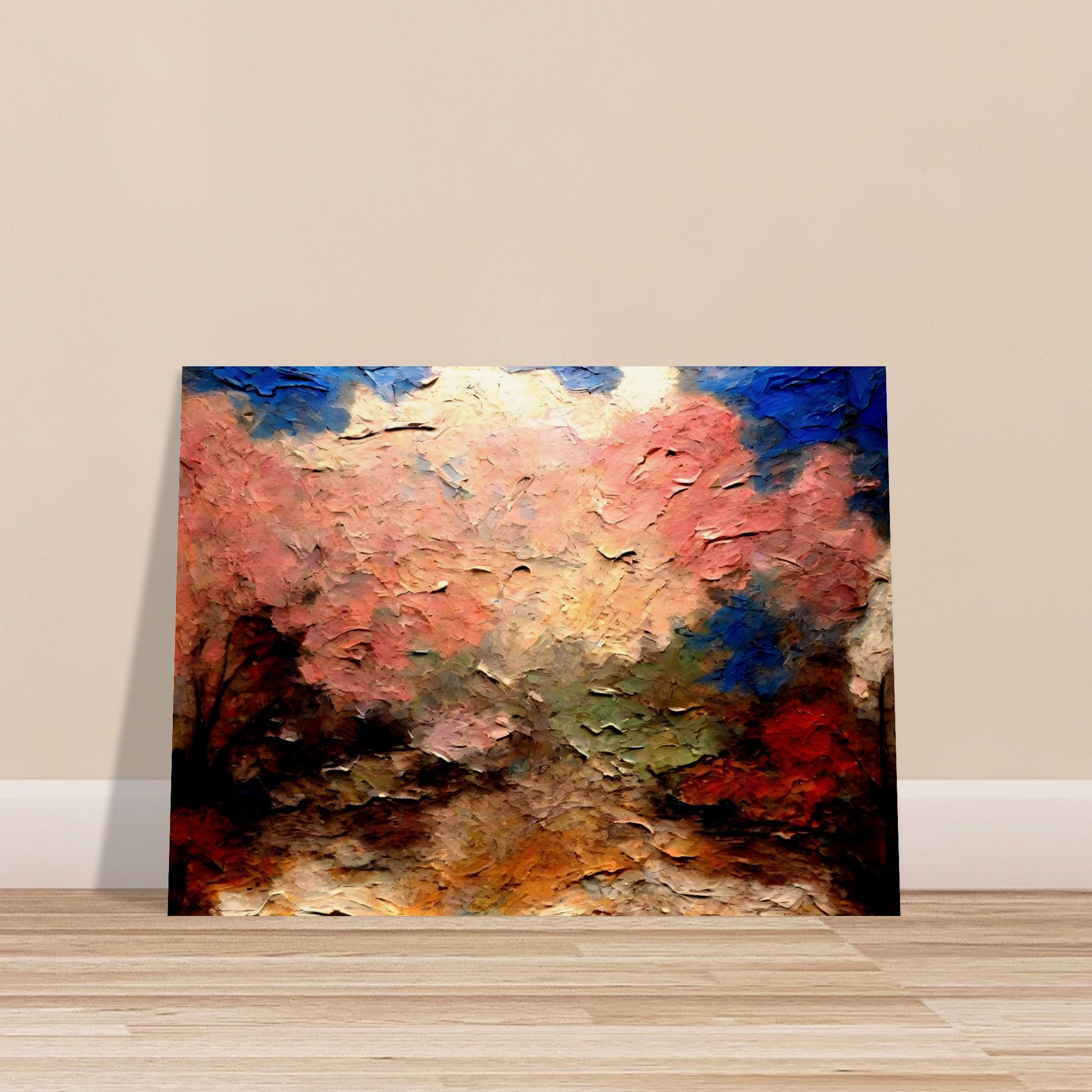 Textured painting of a blossoming landscape with soft pink and peach hues blending with blue and green, creating a vibrant seasonal scene.