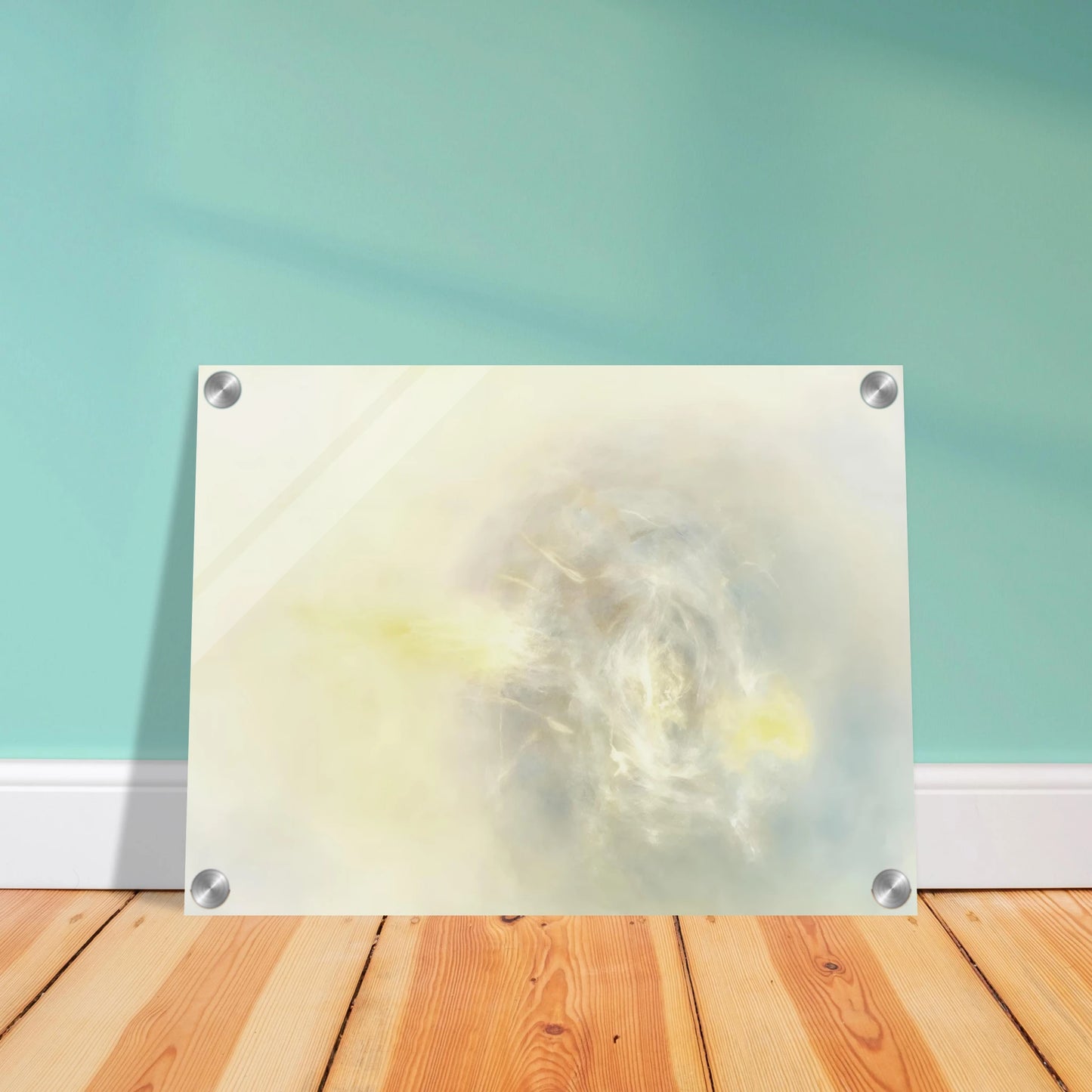 Soft luminous haze of ivory, pearl, and faint yellow gathers in an ethereal swirl, like light emerging through mist.