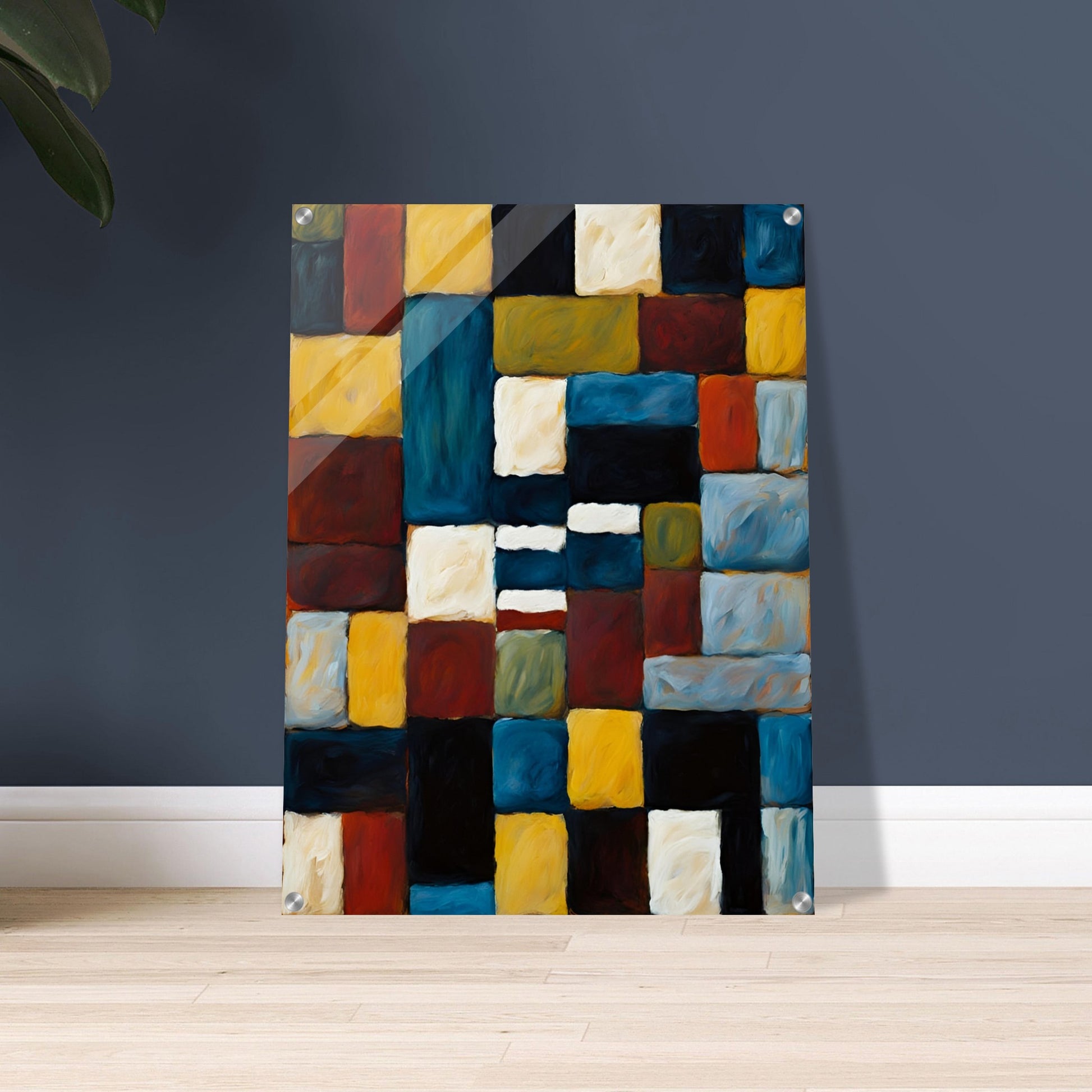 A rich, textured geometric painting featuring interlocking squares and rectangles in deep blue, gold, red, and black, creating a bold composition.