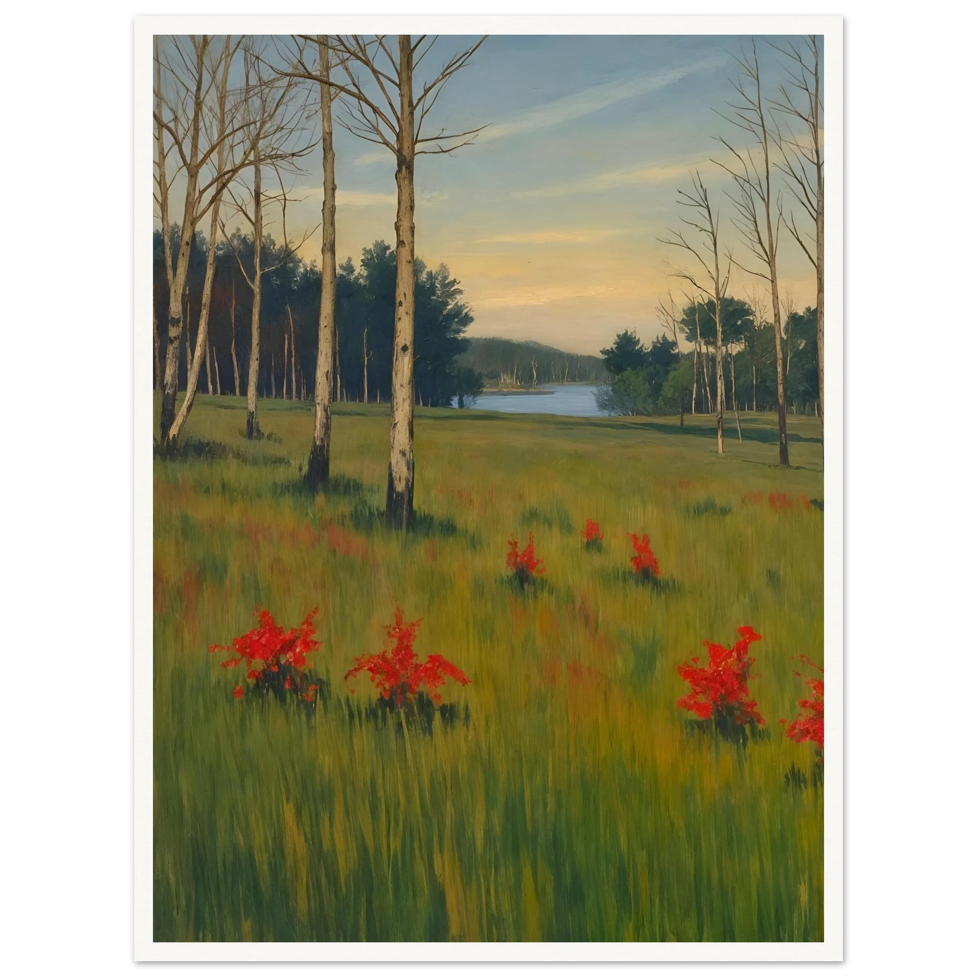 A tranquil meadow with red wildflowers, slender trees, and a calm lake in the distance under a soft pastel sky.