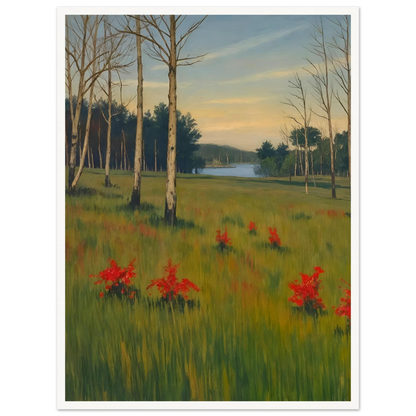 A tranquil meadow with red wildflowers, slender trees, and a calm lake in the distance under a soft pastel sky.
