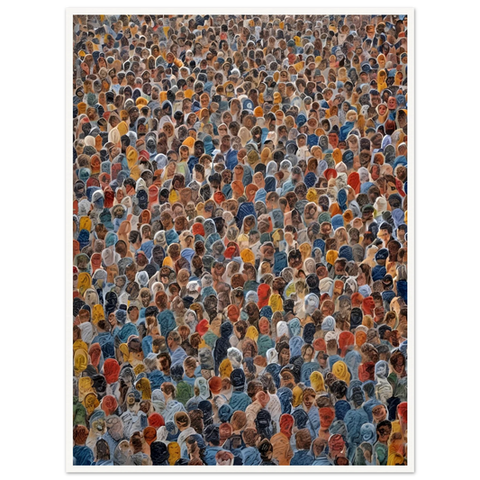 A densely packed crowd of diverse individuals wearing colorful clothing, viewed from above in a striking display of human unity.