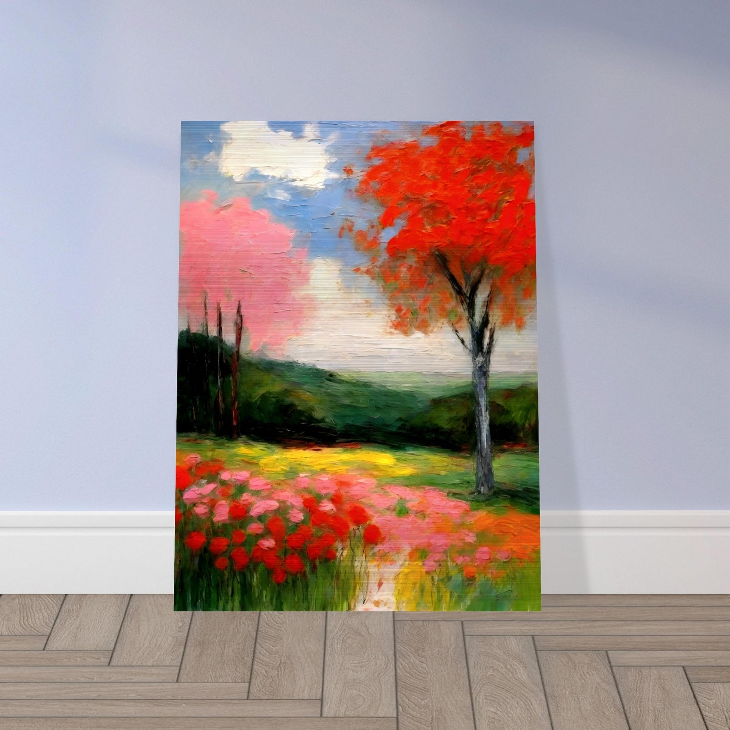 A lush landscape filled with vibrant red, pink, and yellow blossoms beneath a bright sky, featuring a striking autumnal tree with fiery foliage.