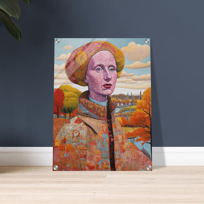 "A striking portrait of a woman with intricate patterns on her face, set against an autumnal landscape with vibrant orange and yellow trees."