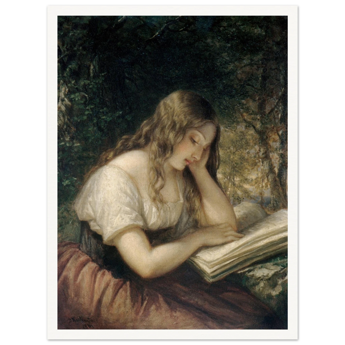 A young girl sits outdoors reading a large open book in a shaded woodland setting.