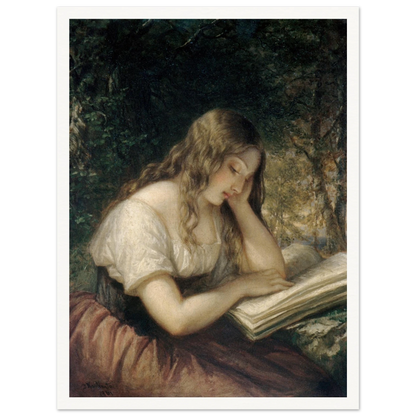 A young girl sits outdoors reading a large open book in a shaded woodland setting.