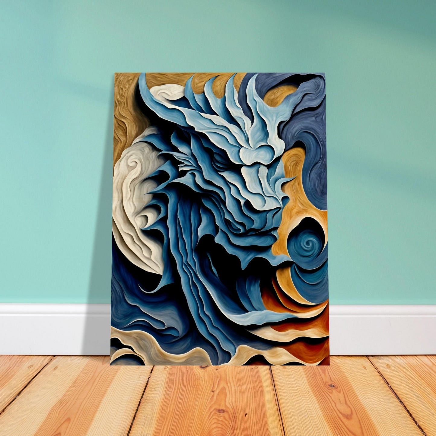 A swirling, dragon-like form emerges in shades of blue, white, and gold, evoking movement, energy, and mythical power.