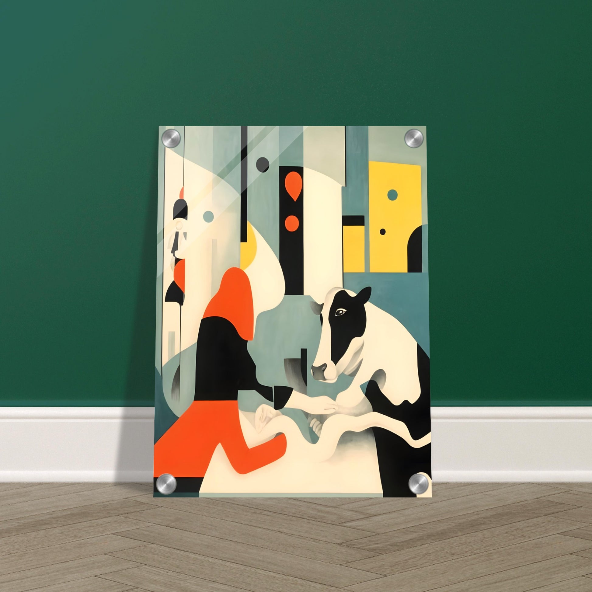 An abstract painting featuring a black-and-white cow interacting with a figure in a bold red and black outfit, set against a geometric background in shades of teal, yellow, and cream.