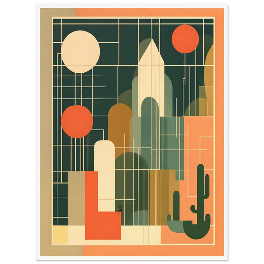 A modern geometric artwork featuring overlapping shapes, cactus silhouettes, and sun motifs in earthy tones of green, orange, and beige.