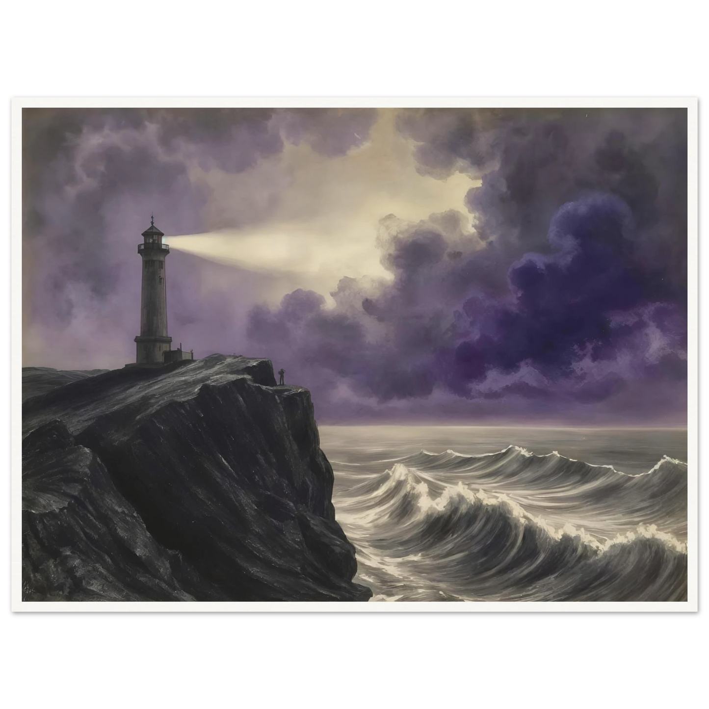 A solitary lighthouse casts its beam through storm-darkened violet clouds above crashing ocean waves against a rugged cliff.