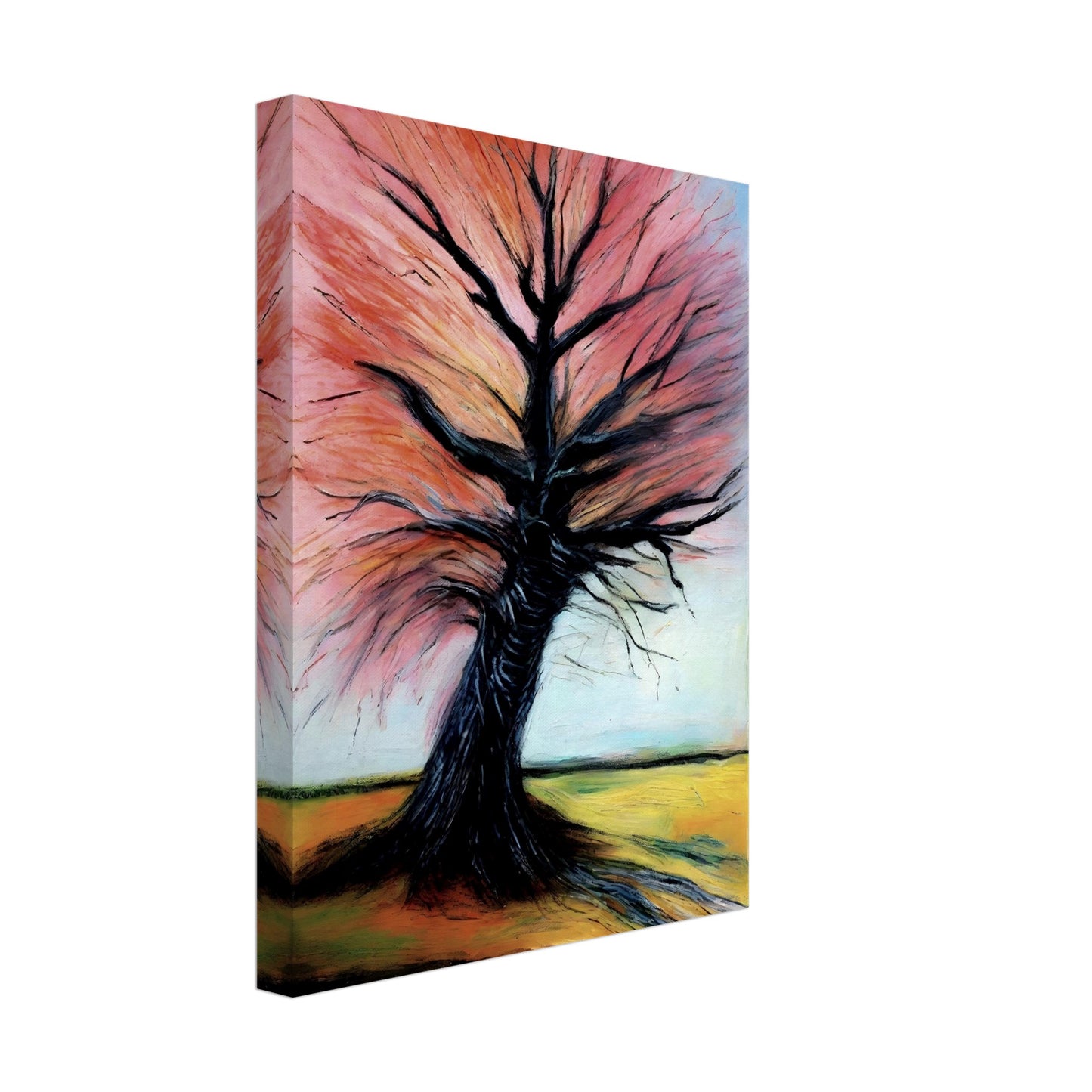 A captivating painting of a twisted tree with dark branches and vibrant pink and orange leaves, set against a serene countryside.