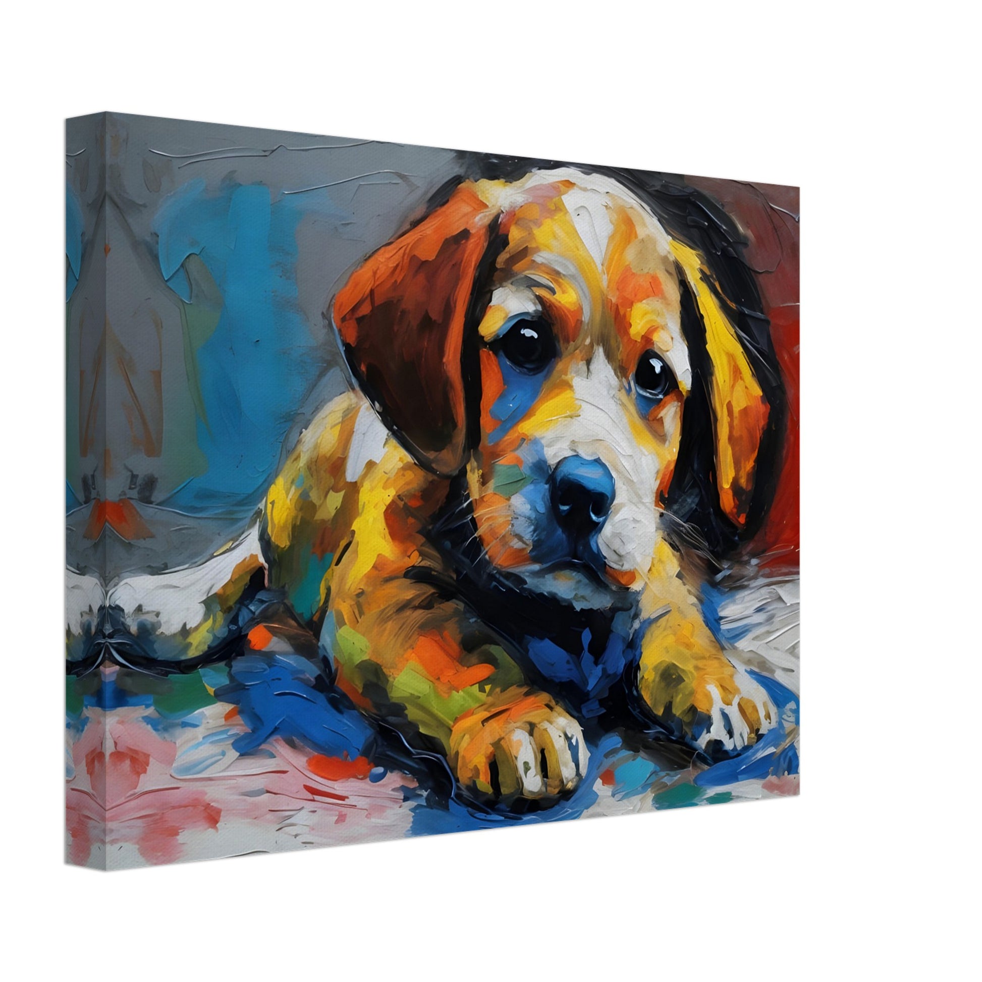 A vibrant and expressive painting of a puppy with warm orange, yellow, and blue tones, capturing its soulful eyes and soft fur.