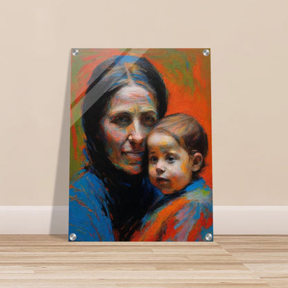 A touching portrait of a mother and child with warm, vibrant colors and expressive brushstrokes.