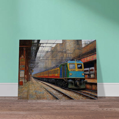 "A detailed painting of a train arriving at an urban station, set against the backdrop of tall buildings and intricate overhead wires, capturing the bustling city atmosphere."