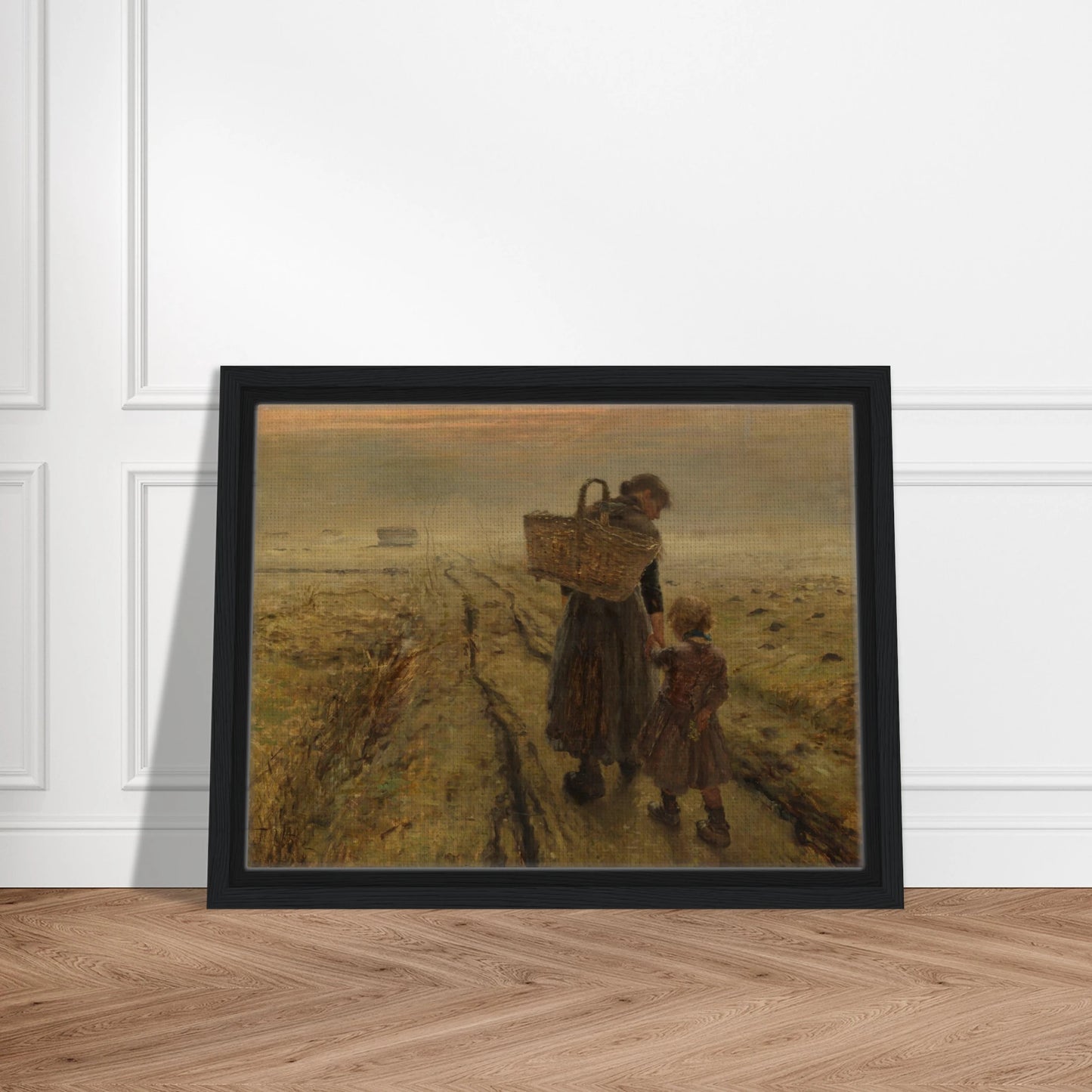 Mother and child walk a misty country path at dusk, with a woven basket and muted earth tones.