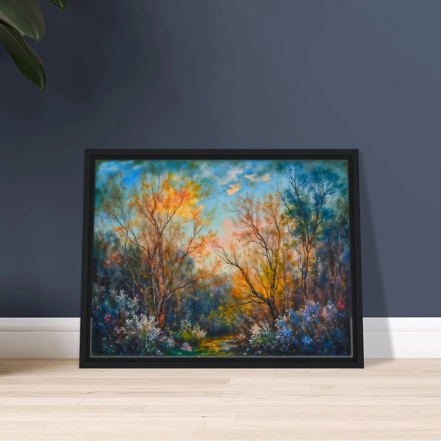 Radiant woodland scene with glowing autumn trees, delicate wildflowers, and a sunlit forest path beneath a vivid blue sky.