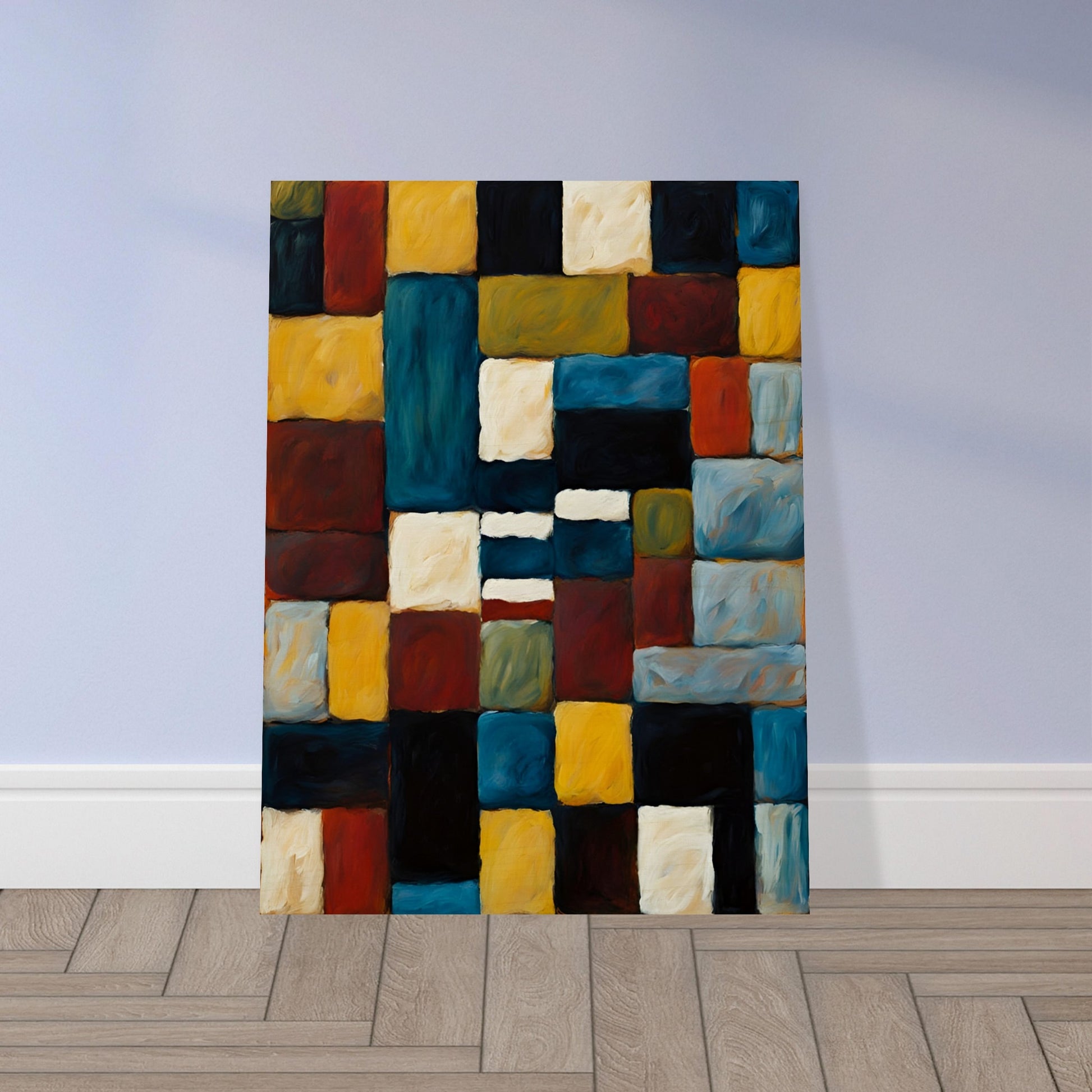 A rich, textured geometric painting featuring interlocking squares and rectangles in deep blue, gold, red, and black, creating a bold composition.