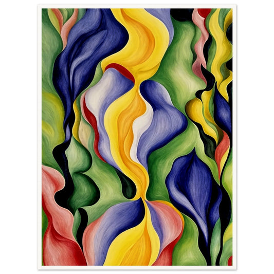 An abstract painting with vibrant, flowing shapes in hues of yellow, blue, green, and red, creating a dynamic and lively composition.