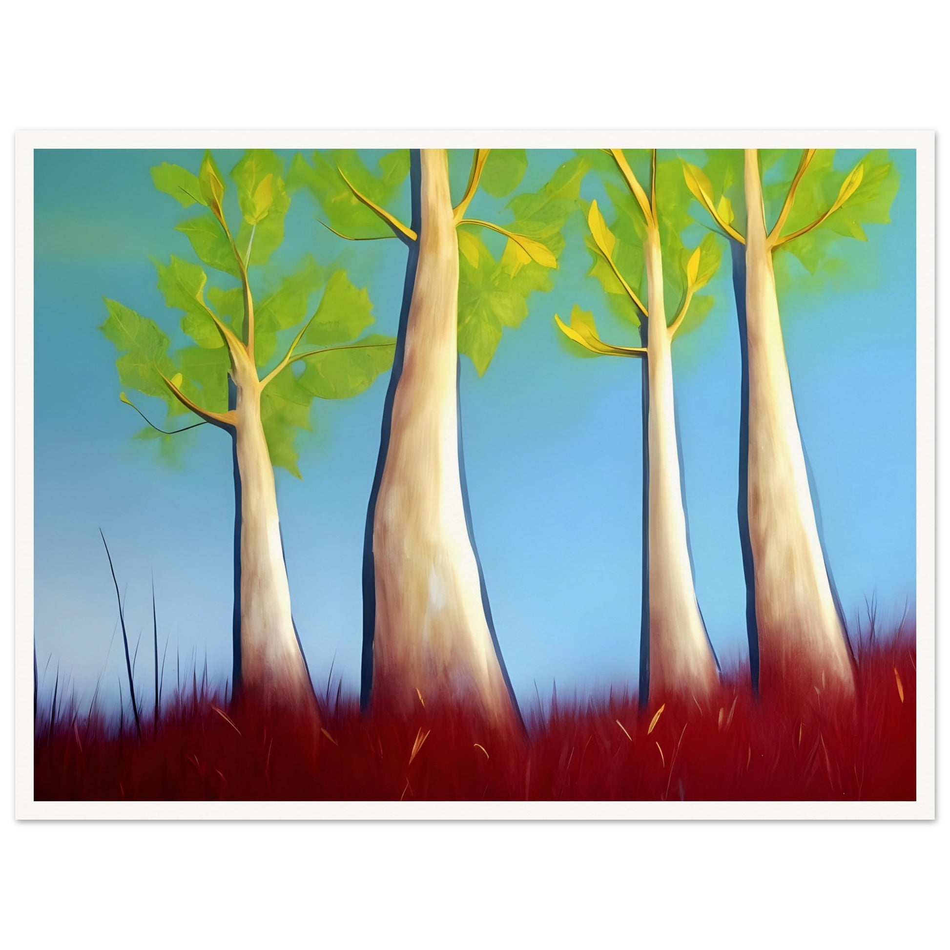 A surreal landscape with tall, slender trees reaching towards a bright blue sky, surrounded by deep red grass and vibrant green leaves.