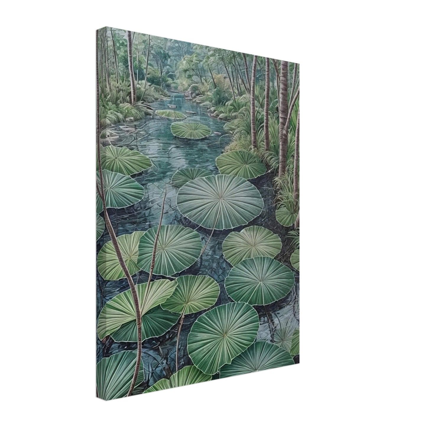 A serene painting of a lush green pond filled with large lotus leaves, surrounded by tall trees and dense foliage.