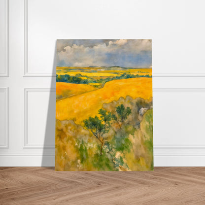 Golden fields stretch across rolling hills under a blue and cloudy sky, with trees dotting the lush summer landscape.
