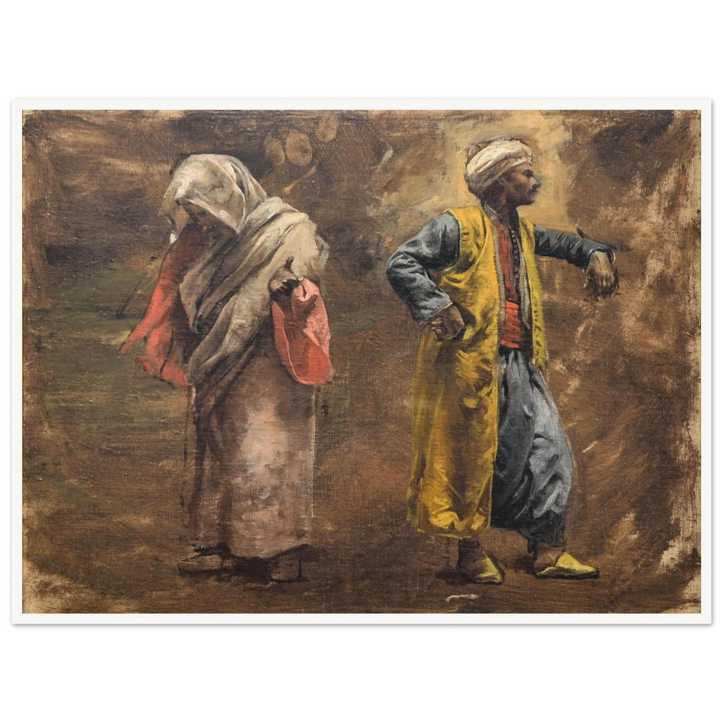 A veiled woman and turbaned man in colorful robes stand against a warm, painterly brown background.