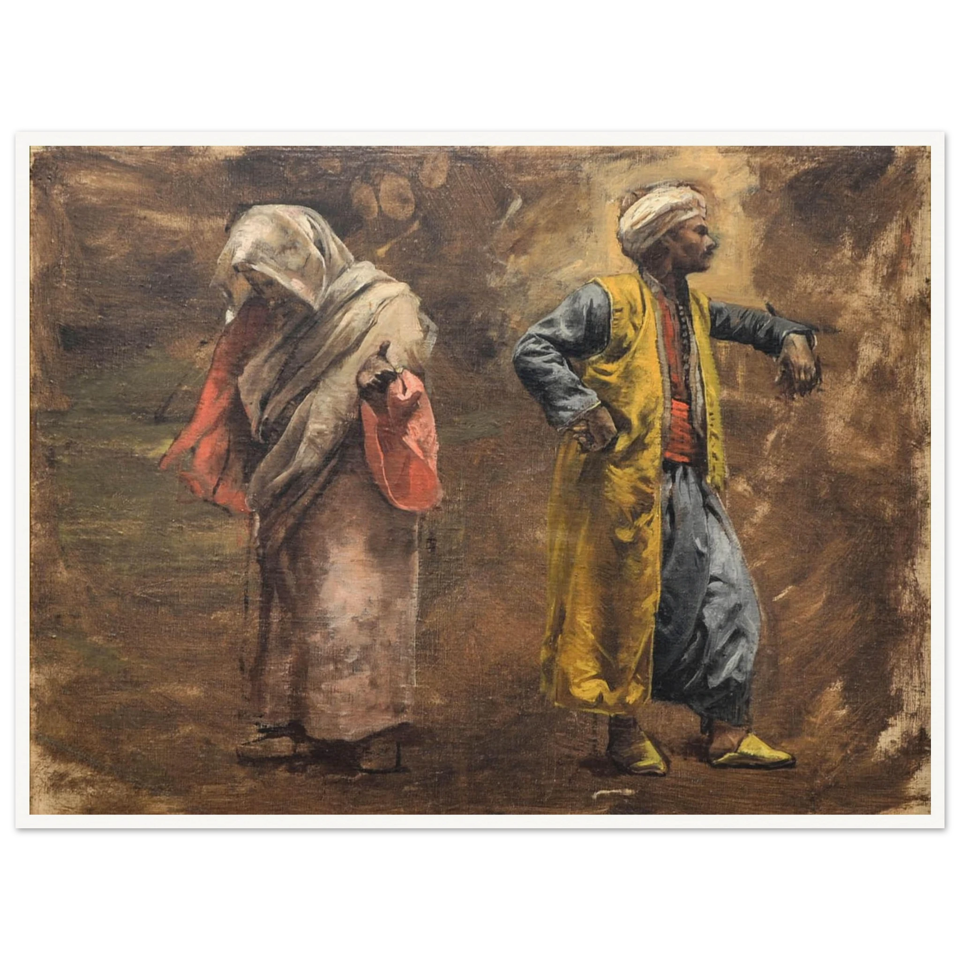 A veiled woman and turbaned man in colorful robes stand against a warm, painterly brown background.