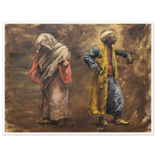 A veiled woman and turbaned man in colorful robes stand against a warm, painterly brown background.