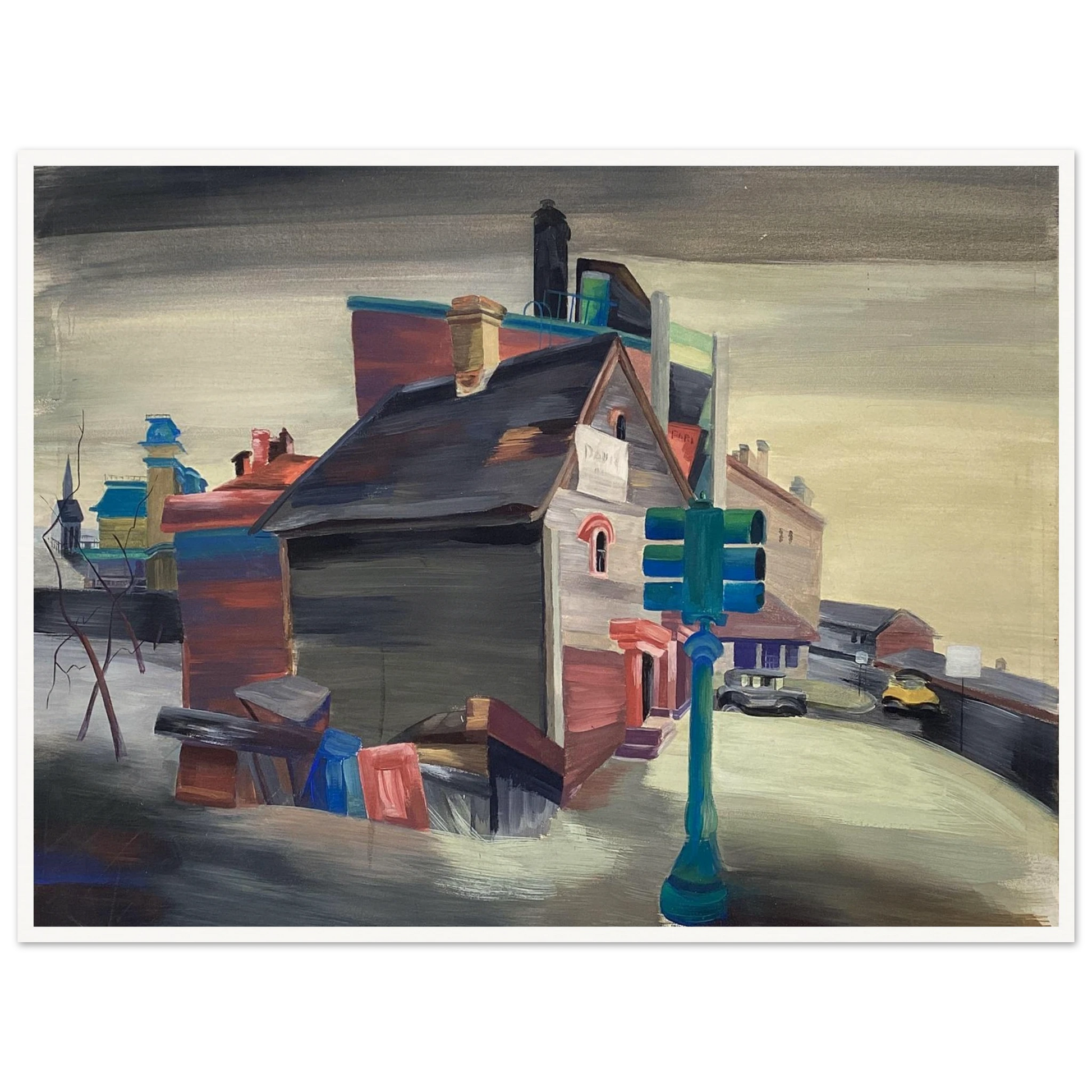A colorful urban street with clustered houses, vintage cars, and a green traffic light beneath a gray sky.