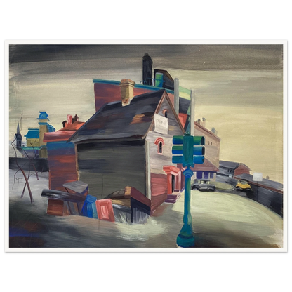 A colorful urban street with clustered houses, vintage cars, and a green traffic light beneath a gray sky.