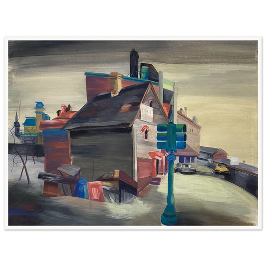 A colorful urban street with clustered houses, vintage cars, and a green traffic light beneath a gray sky.