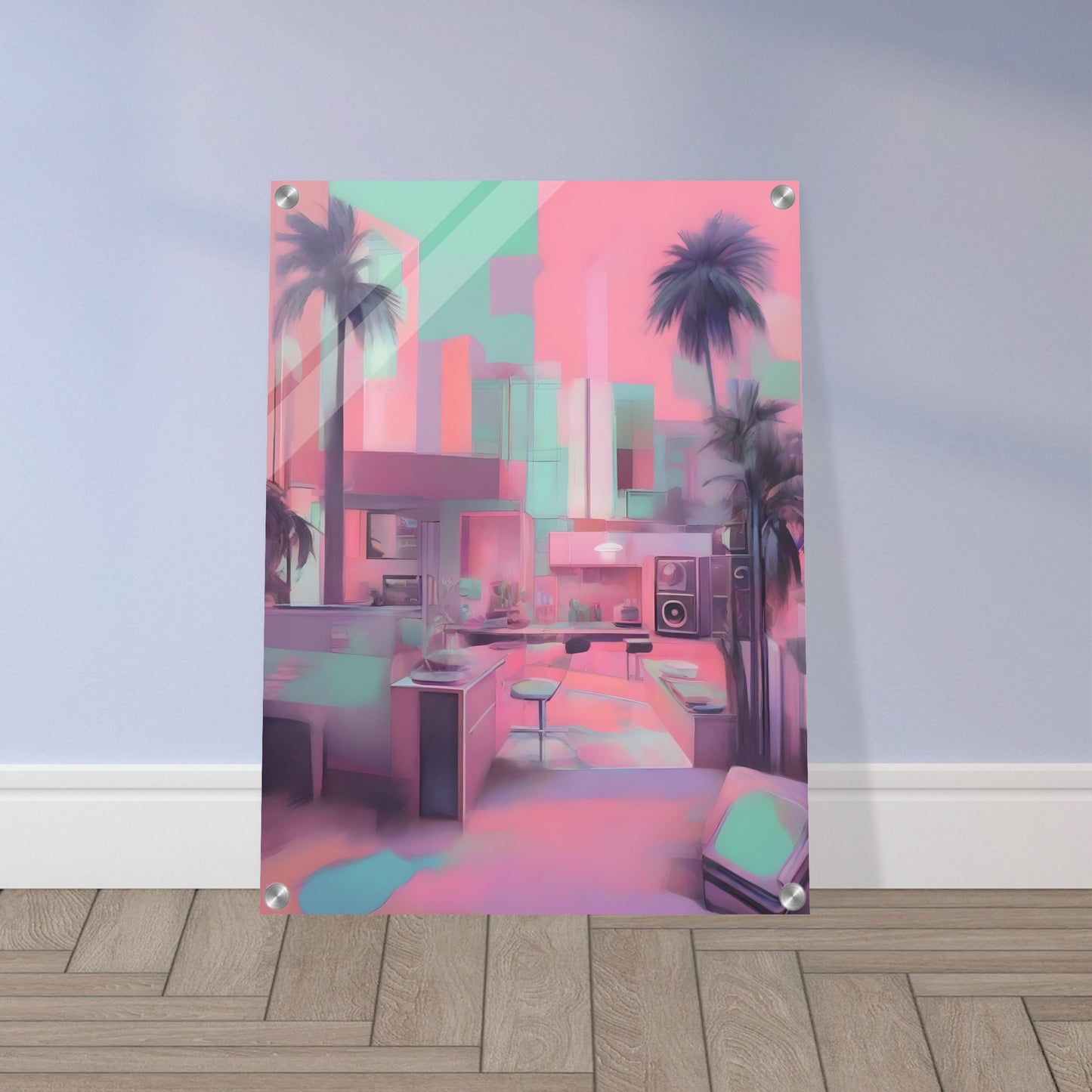 A pastel-toned interior with palm trees and modern furniture, blending dreamy pink, teal, and purple hues in a surreal cityscape.