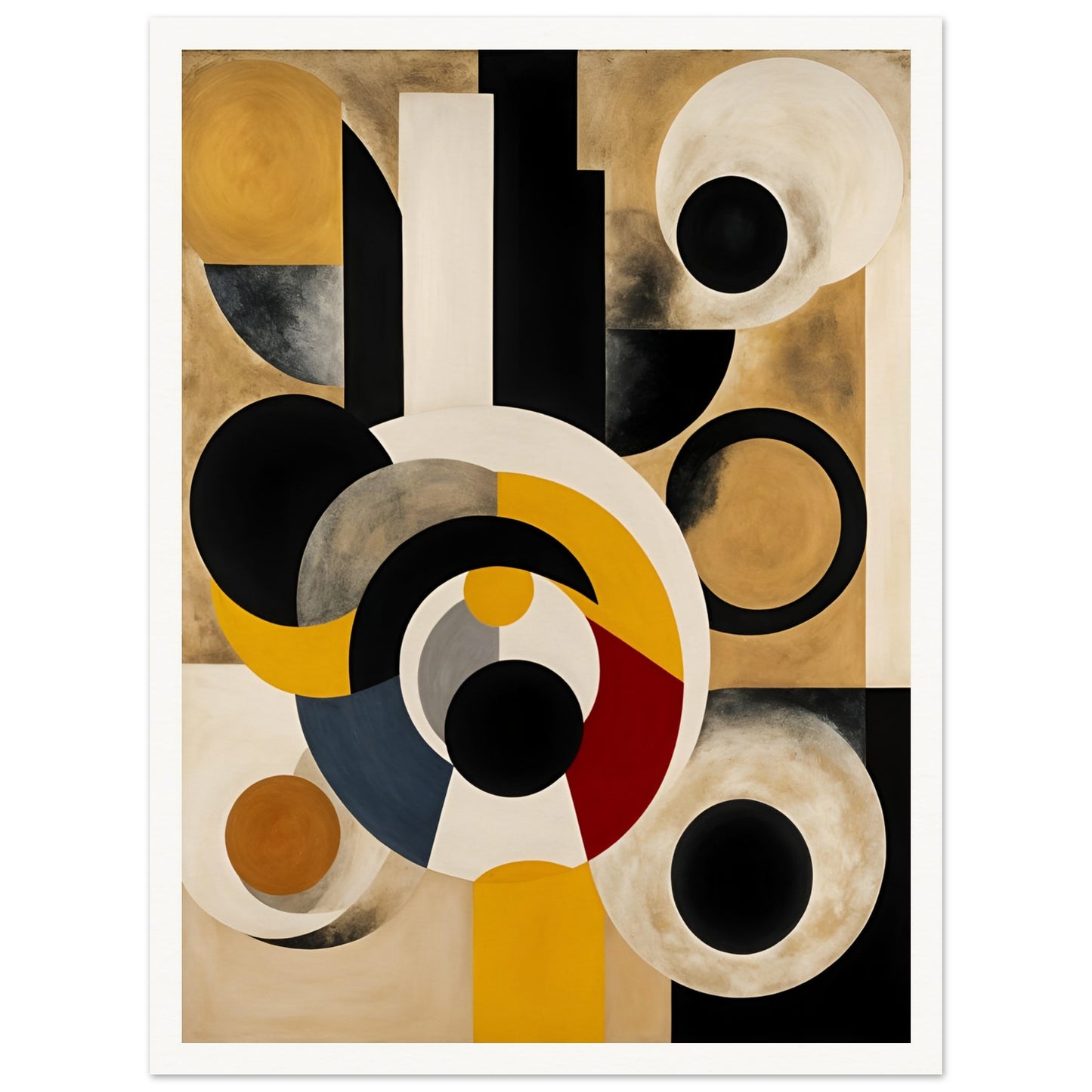 A striking geometric painting featuring bold circular and rectangular shapes in black, gold, white, and red, evoking celestial motion.