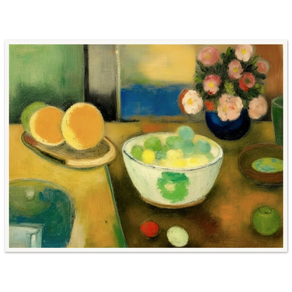 Golden citrus, pastel fruit, and fresh blooms rest on a sunlit table, creating a warm scene of everyday abundance.