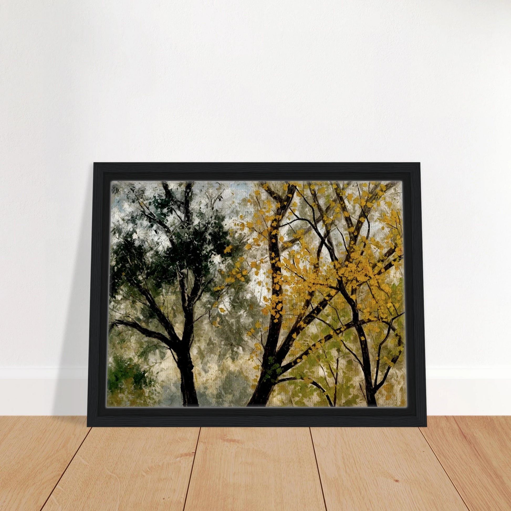 Two tall trees, one with golden yellow leaves and one with dark green foliage, stand against a softly textured sky.