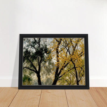 Two tall trees, one with golden yellow leaves and one with dark green foliage, stand against a softly textured sky.