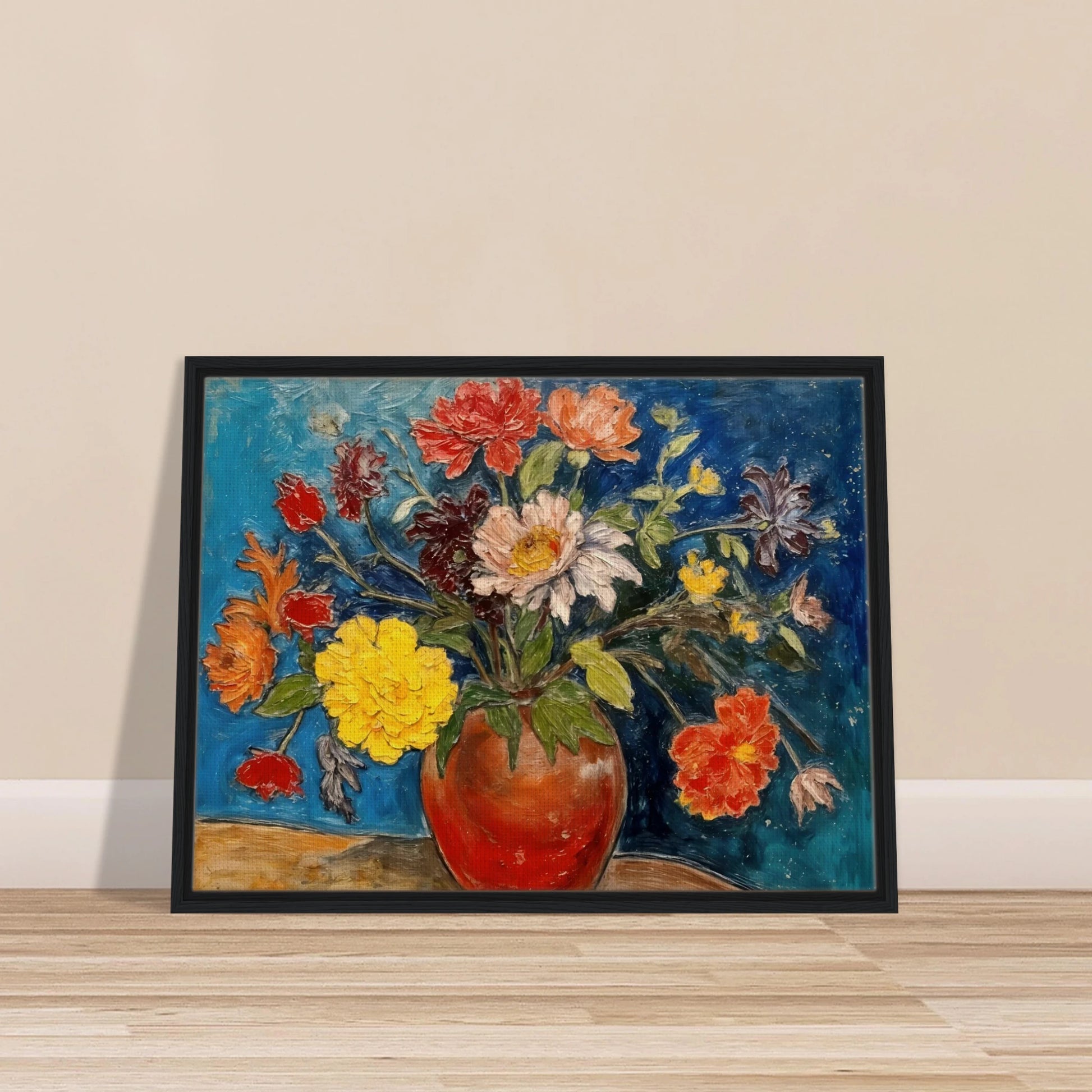 A vibrant floral still life featuring a red ceramic vase overflowing with colorful blossoms in shades of yellow, red, white, pink, and orange, set against a rich blue background.