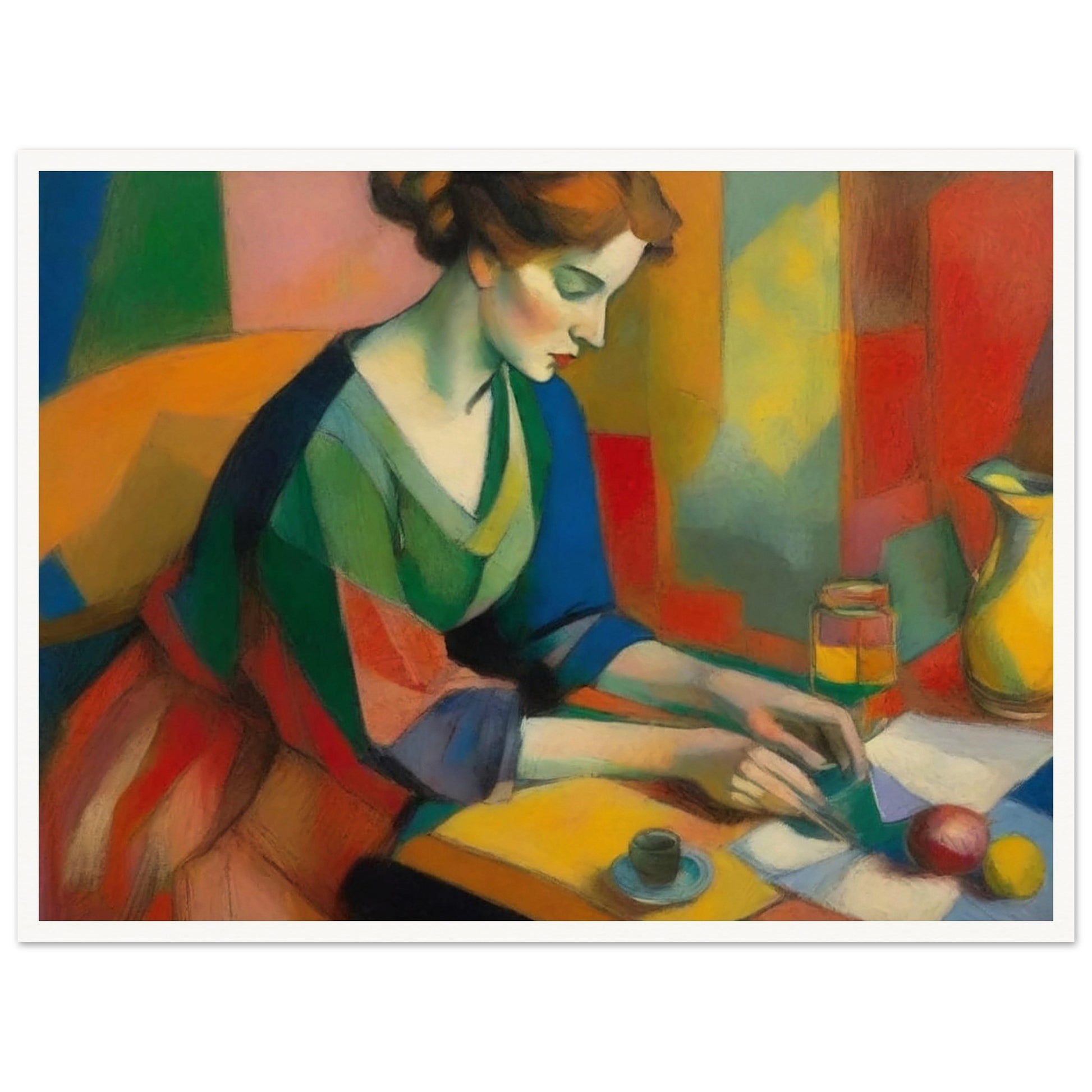 A vibrant painting depicting a woman in a colorful dress sitting at a table, engaged in writing or reading. The background features a mosaic of various hues, enhancing the vivid and dynamic atmosphere of the scene.