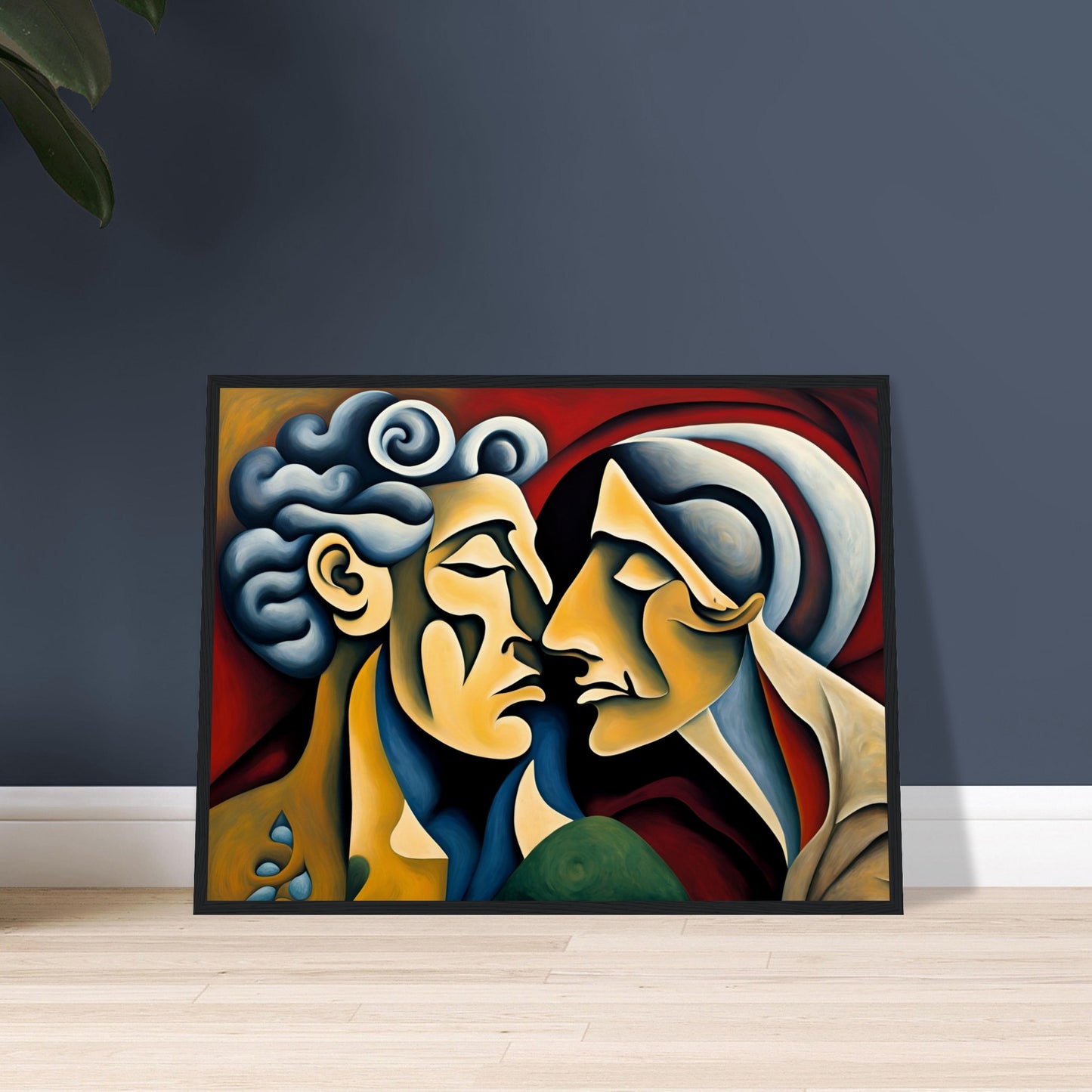 A captivating expressionist painting of two faces nearly touching, their forms blending in warm tones against a rich red background.