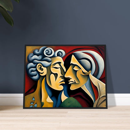 A captivating expressionist painting of two faces nearly touching, their forms blending in warm tones against a rich red background.