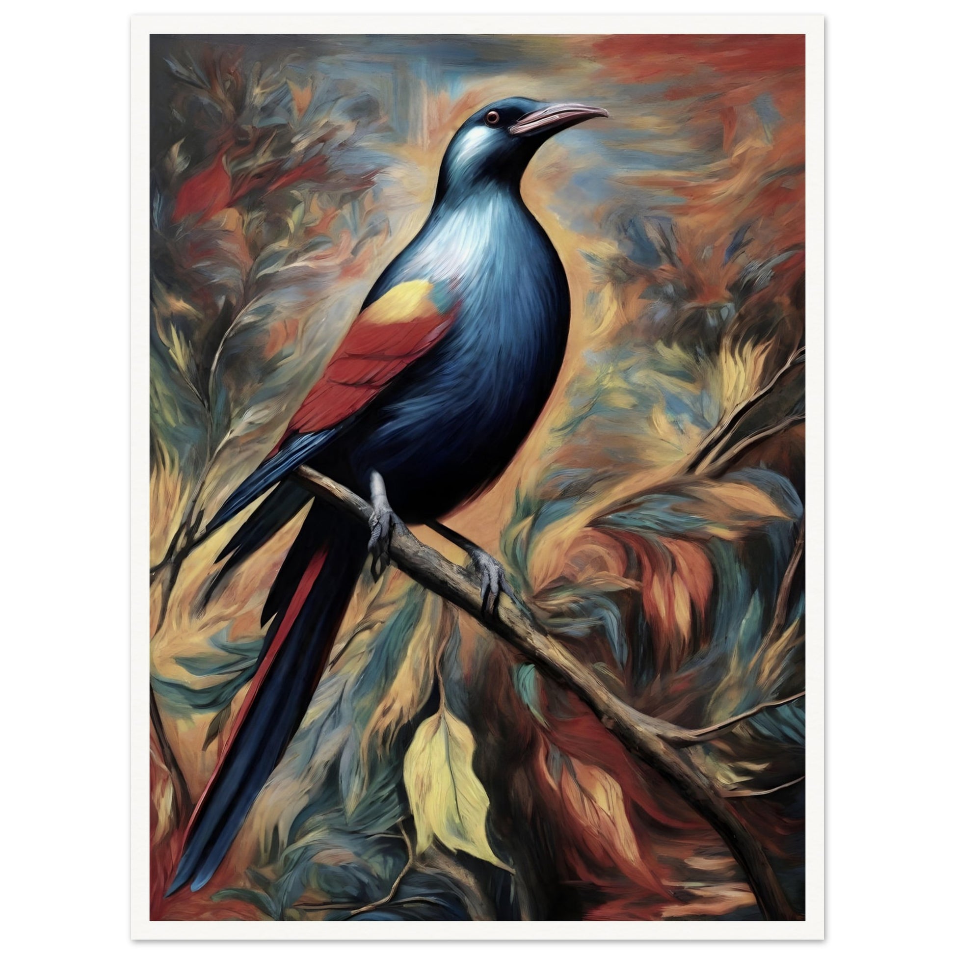 A vibrant painting of a bird with shimmering blue, red, and yellow feathers perched on a branch, set against a dramatic swirling background of autumn tones.