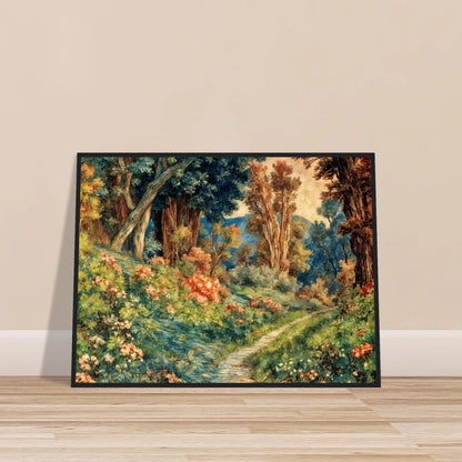 Lush flowering woodland path winding through vibrant trees, soft blossoms, and sunlit greenery in a richly detailed pastoral garden scene.