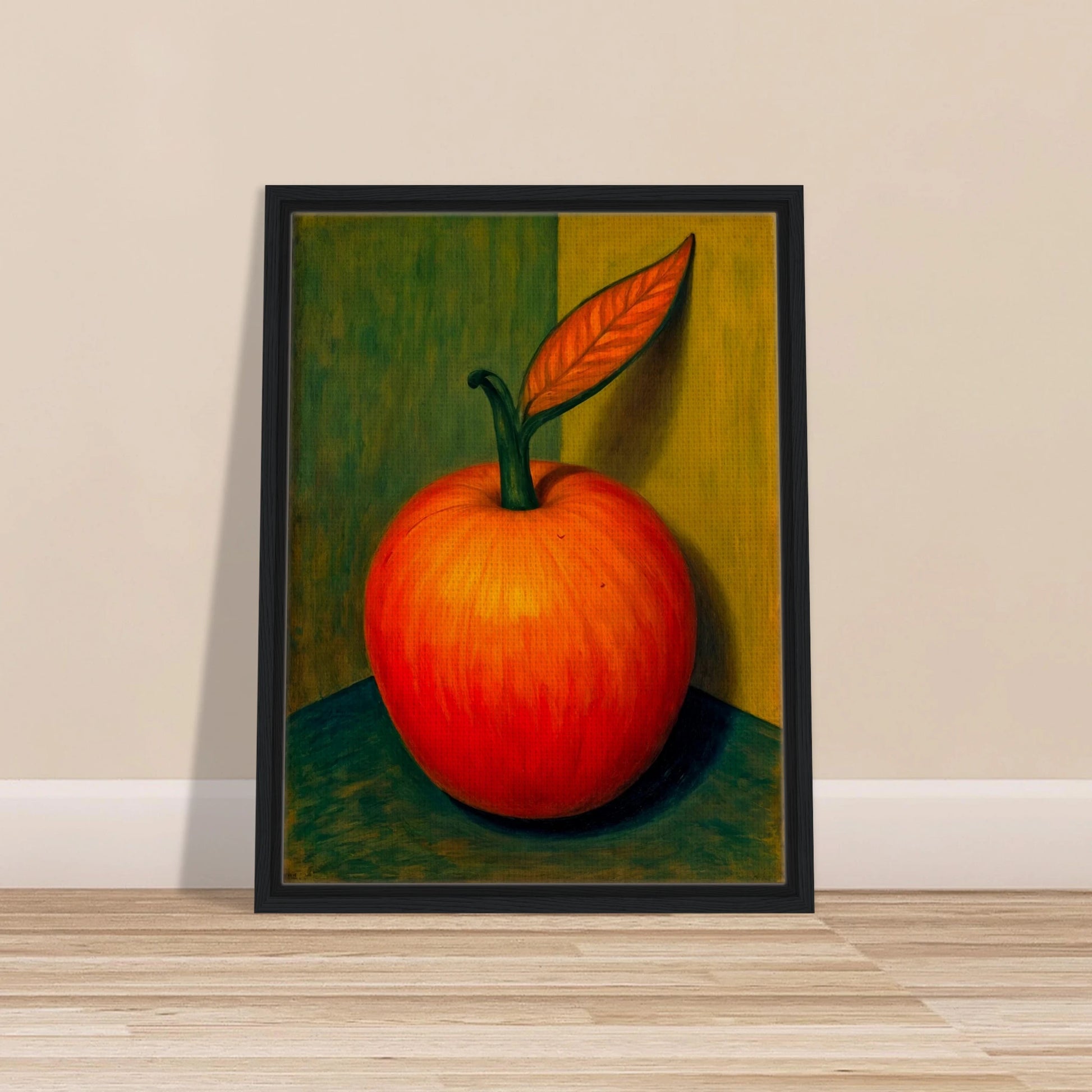 A bold still-life of a glowing red-orange fruit with a single leaf, casting soft shadows against a golden-green background.