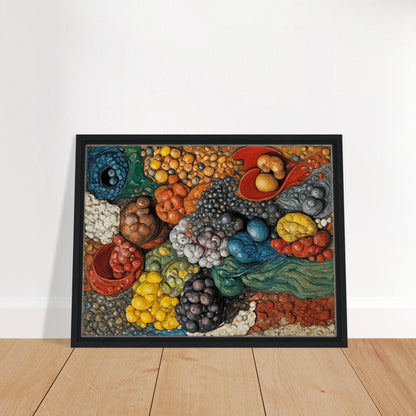 A vibrant, textured composition of assorted fruits, vegetables, and grains in a dynamic arrangement, bursting with rich colors and organic forms.