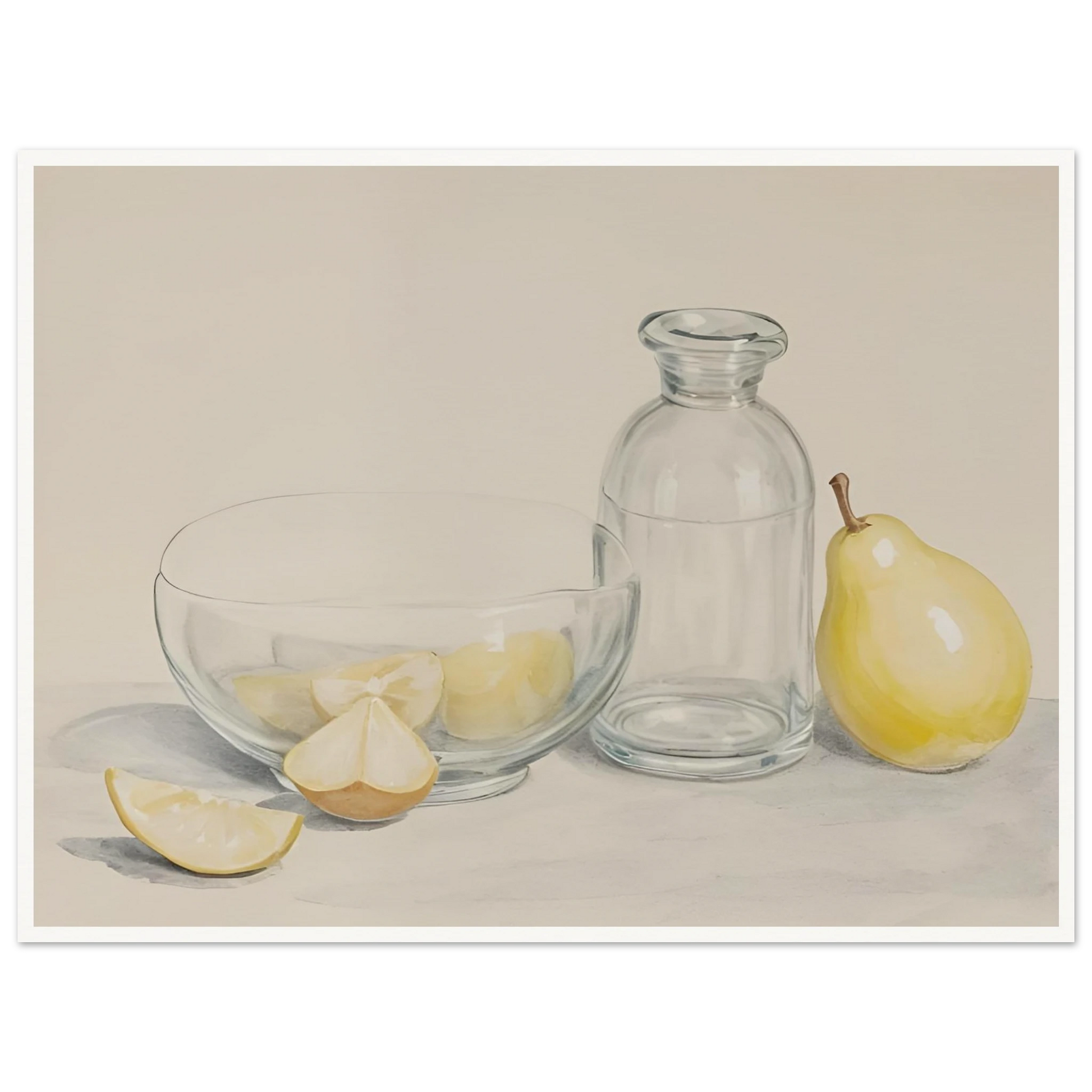 Clear glass bowl with lemon slices, a bottle, and a pear on a light surface in a soft, minimalist still life scene.