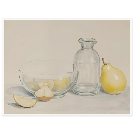 Clear glass bowl with lemon slices, a bottle, and a pear on a light surface in a soft, minimalist still life scene.