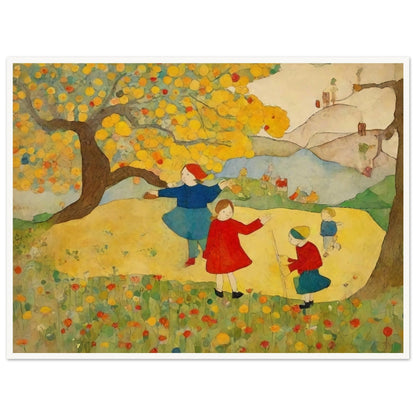 "A whimsical painting of children playing under a tree in a colorful meadow, with vibrant yellow leaves, bright flowers, and rolling hills in the background."