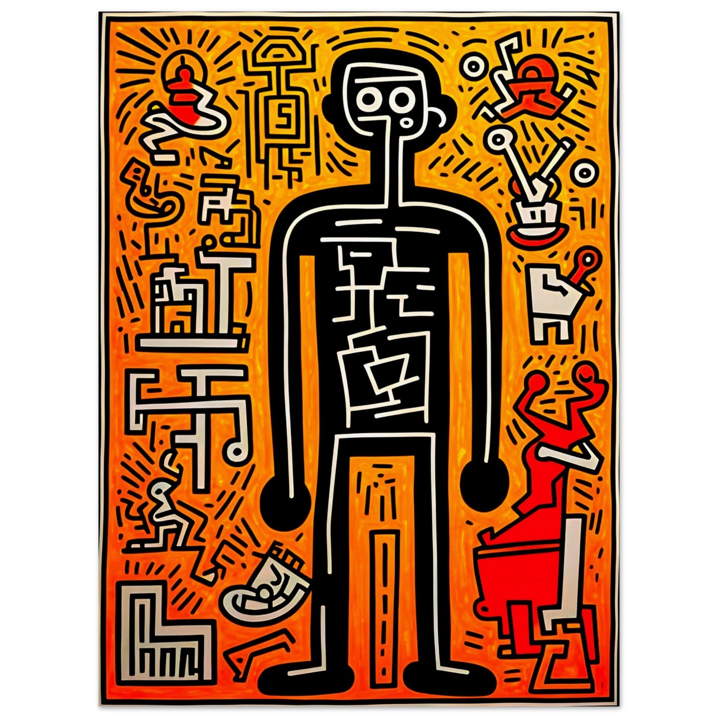 A bold pop-art figure outlined in black, surrounded by abstract symbols and patterns on an energetic orange and red background.